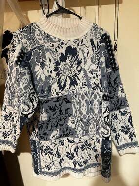 Vintage Cut 4 U Oversized Mock Neck Knit Sweater with Floral Patchwork Pattern